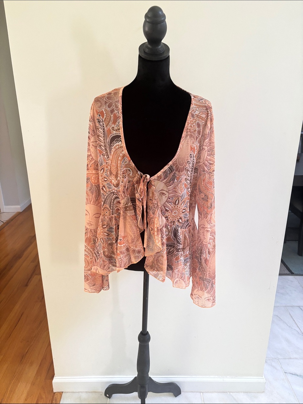 Peach Printed Tie-Front Women's Top